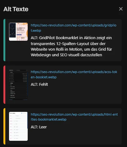 Alt Texte Prüfpanel zeigt drei Bilder mit unterschiedlichen Alt Text Bewertungen in einem Overlay