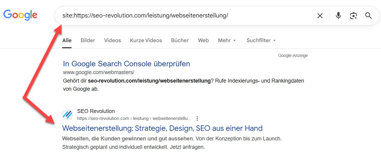 Google Suche zeigt eine site Abfrage für eine konkrete URL sowie das dazugehörige Suchergebnis der Seite von SEO Revolution