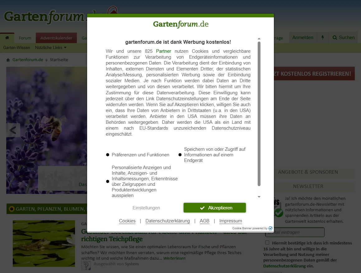 Cookie-Banner auf gartenforum.de mit Informationen zur Nutzung von Cookies, personalisierter Werbung und Datenweitergabe an zahlreiche Partner.
