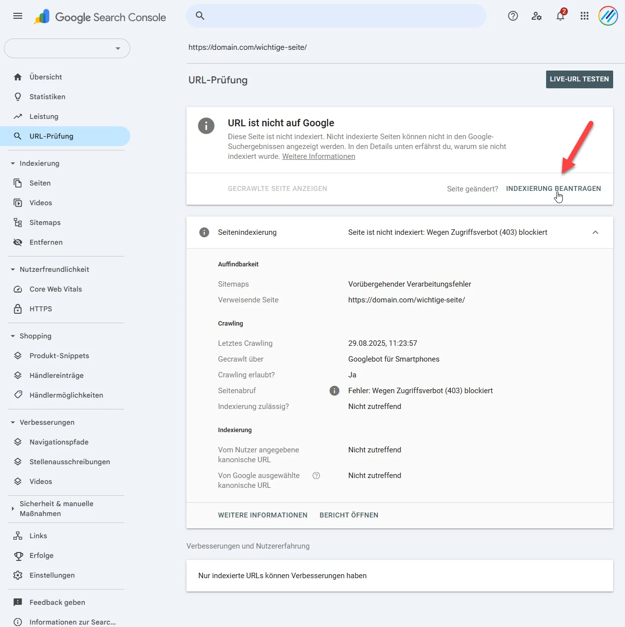 Detailansicht in der Google Search Console zeigt den Indexierungsfehler wegen Zugriffsverbot Statuscode 403 mit Verlauf der betroffenen Seiten und einer Liste beispielhafter URLs