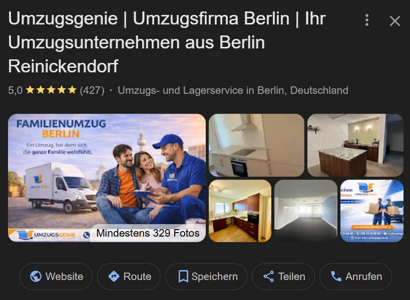 Screenshot eines Google-Unternehmensprofils, bei dem der Firmenname mit zusätzlichen Keywords wie Umzugsfirma Berlin und Stadtteil ergänzt wurde, um bessere lokale Rankings zu erzielen