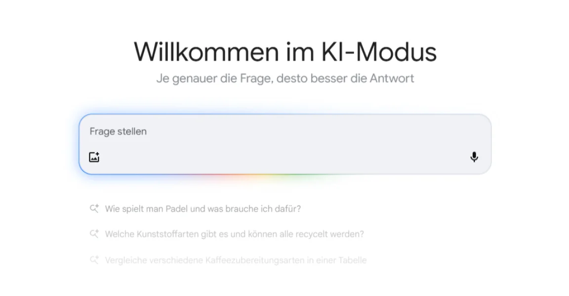 Suchoberfläche mit dem Text „Willkommen im KI-Modus“ und Eingabefeld für Fragen