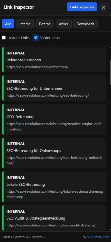Link Inspector Bookmarklet zeigt interne und externe Links der Webseite in einer übersichtlichen Liste