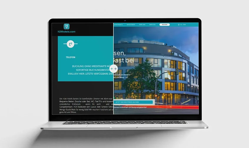 Vorher-Nachher-Vergleich einer Hotel-Website auf Laptop-Bildschirm nach erfolgreichem Relaunch