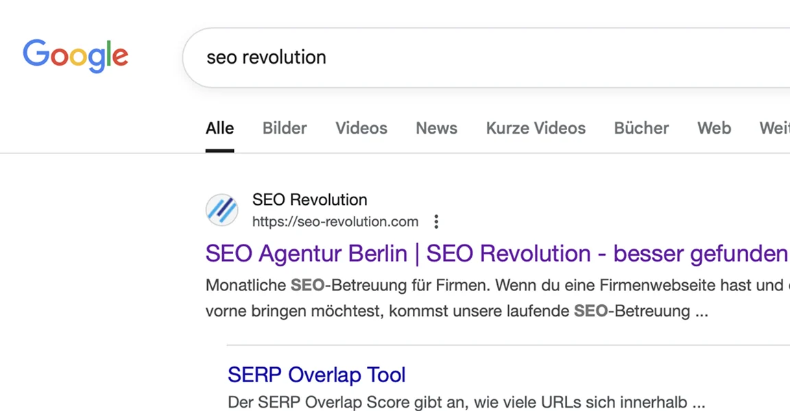 Google-Suchergebnis für „SEO Revolution“ mit der Website der SEO Revolution GmbH und dem Snippet „SEO Agentur Berlin – besser gefunden werden“.