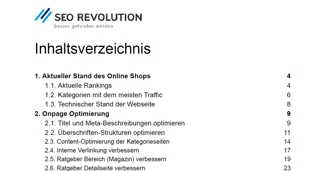 Inhaltsverzeichnis eines SEO-Berichts der SEO Revolution mit Fokus auf Onpage-Optimierung und aktuelle Rankings