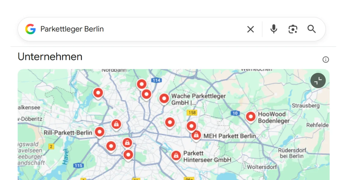 Google-Suchergebnisansicht für Parkettleger in Berlin mit Karte und mehreren Unternehmensprofilen